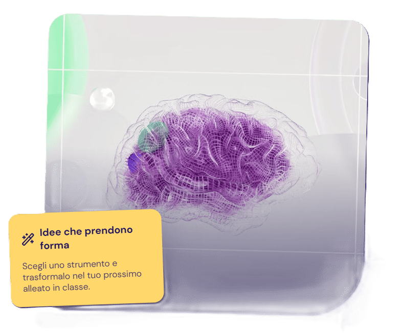 Illustrazione di un cervello digitale con la nota 'Idee che prendono forma: scegli uno strumento e trasformalo nel tuo prossimo alleato in classe'.